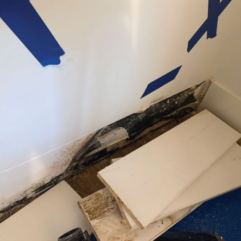 Water damage and mold exposed along the baseboard at an Escondido short-term rental