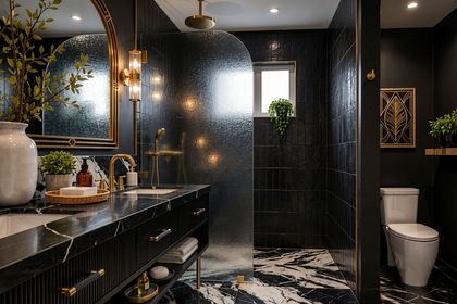 Bold statement bathroom with dramatic tile and dark accents