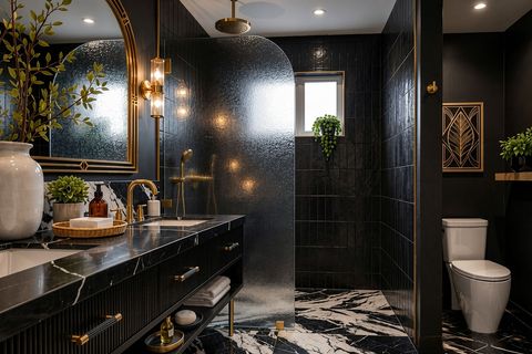 Bold statement bathroom with dramatic tile and dark accents