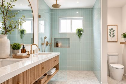 Coastal light and airy bathroom with seafoam tile and light wood