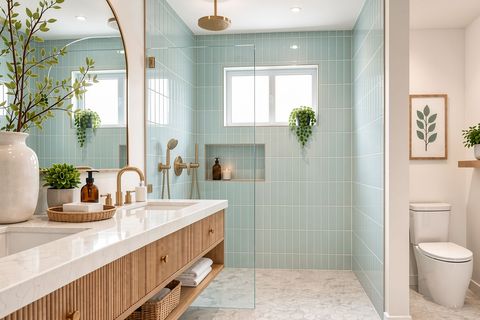 Coastal light and airy bathroom with seafoam tile and light wood