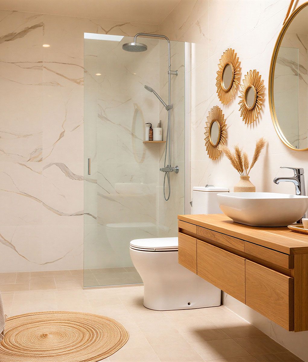 San Diego bathroom remodel with marble-look tile walls, a walk-in shower behind a frameless glass panel, a floating wood vanity with a vessel sink, and gold accent mirrors