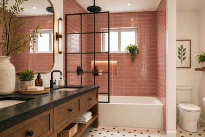 Craftsman style bathroom with wood cabinetry and earth-tone tile