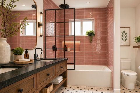 Craftsman style bathroom with wood cabinetry and earth-tone tile