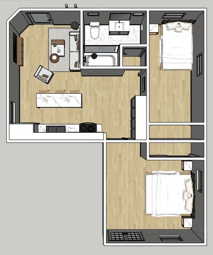 3D floor plan of the 42nd Street ADU, redesigned from a one-bedroom to a two-bedroom in the same footprint