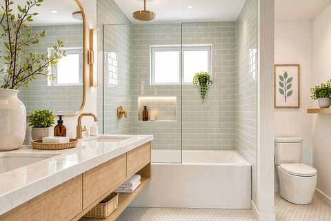 Luxury spa bathroom with stone, wood, and brushed gold fixtures
