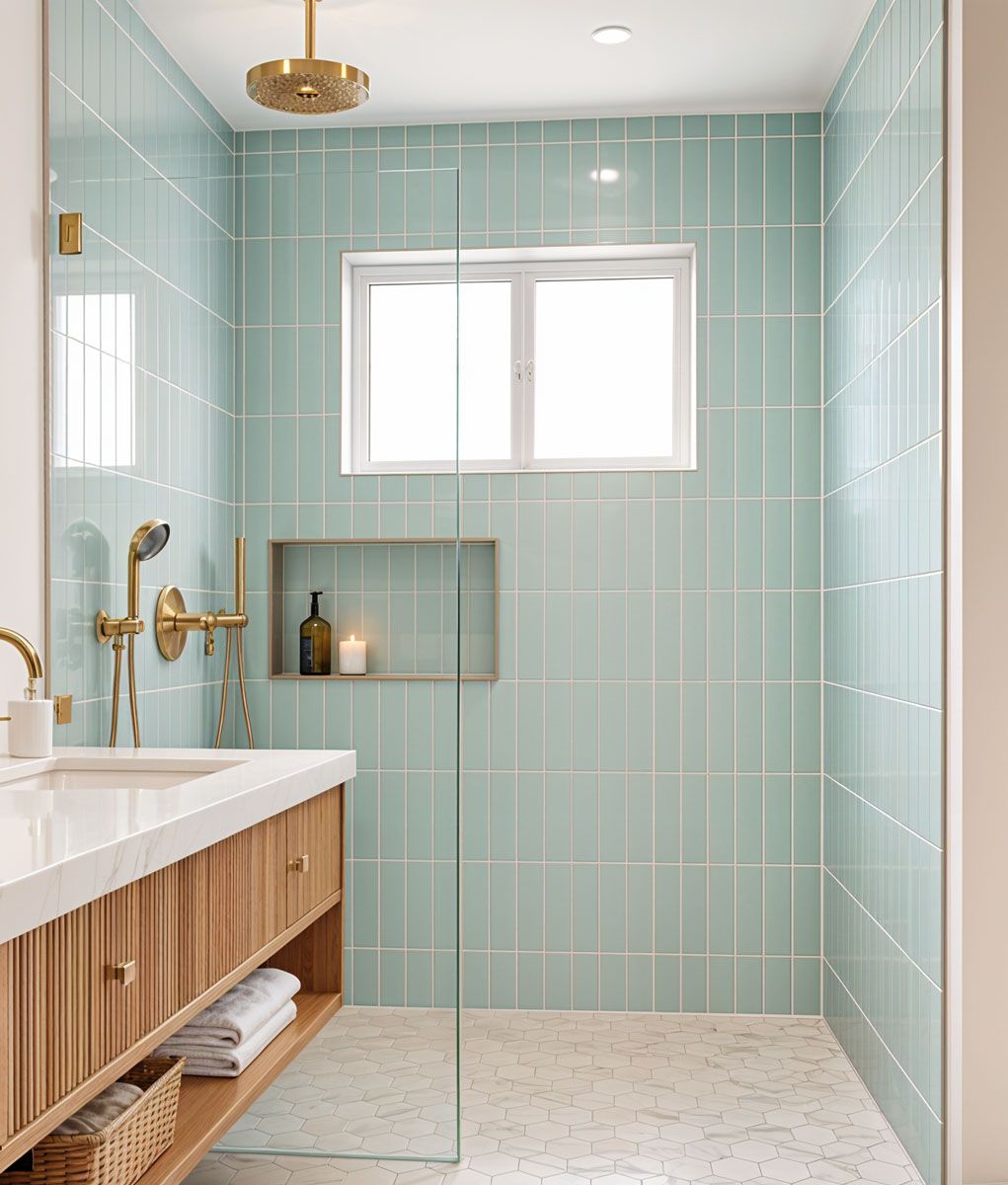 San Diego bathroom with a curbless walk-in shower, floating wood vanity, tiled nook, and frameless glass partition in gold fixtures