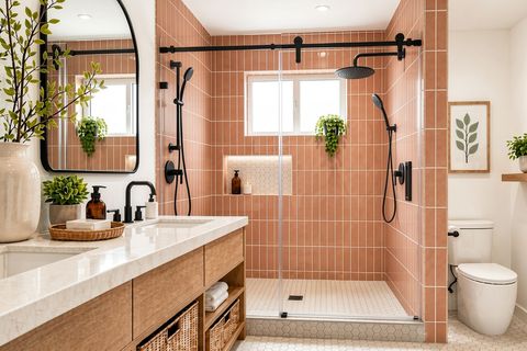 Transitional style San Diego bathroom with terracotta tile and black fixtures