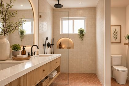 Organic modern bathroom with natural materials and warm neutrals