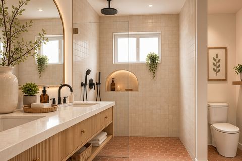 Organic modern bathroom with natural materials and warm neutrals